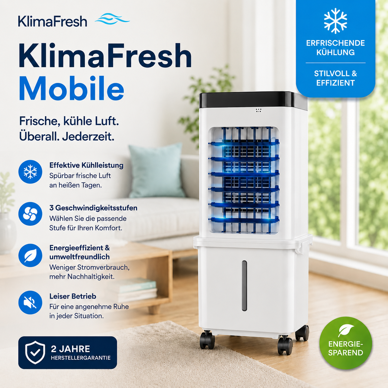 KlimaFresh – Mobiler Luftkühler – Keine Installation erforderlich | Kühlt bis zu 50 m²