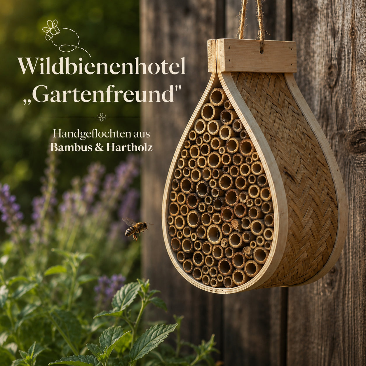 Wildbienenhotel „Gartenfreund" – Handgeflochten aus Bambus & Hartholz