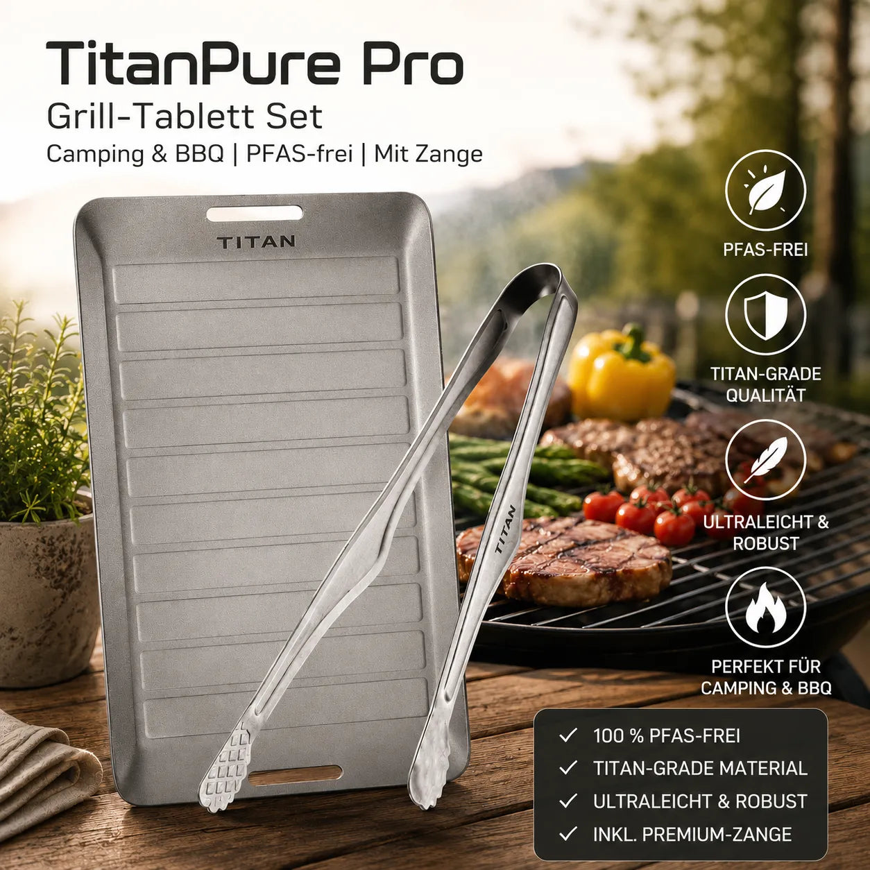 TitanPure Pro — Grill-Tablett Set Camping & BBQ | PFAS-frei | Mit Zange