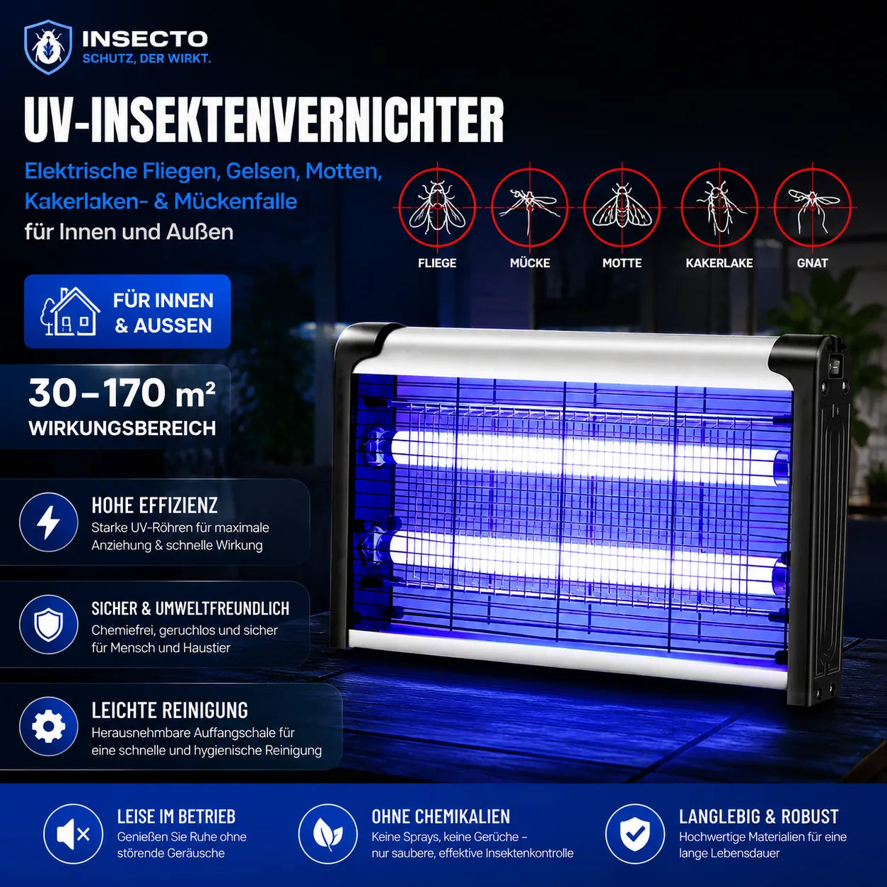 UV-Insektenvernichter – Elektrische Fliegen, Gelsen, Motten, Kakerlaken- & Mückenfalle für Innen und Außen - 30–170 m²