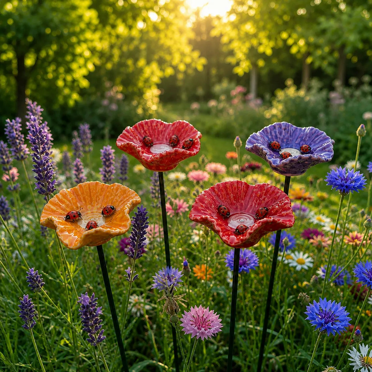 Handgefertigte Marienkäferblumen – Wetterfeste Keramik-Tränken, 4er-Set