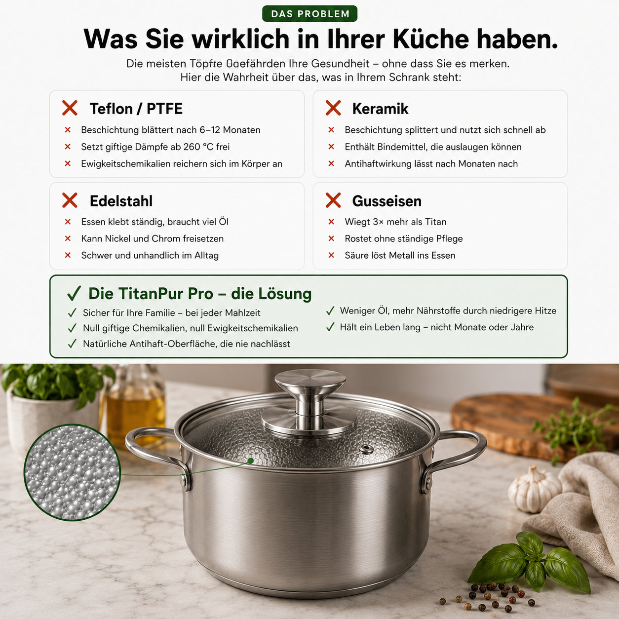 TitanPur Pro – Beschichtungsfreier Titan-Topf ohne PFAS & PTFE | 24 cm